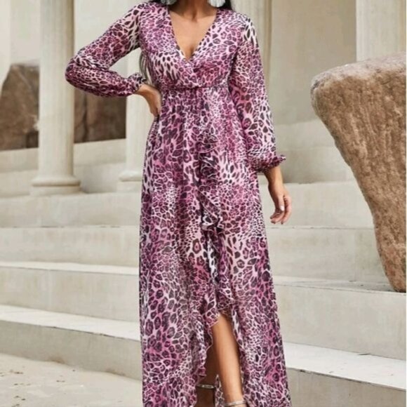 PURPLE LEOPARD BOHEMIAN, WRAP SPECIAL EVENT MAXI DRESS - Picture 2 of 8
